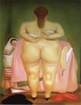 350 人の有名アーティストによるアート作品 Painting - ブラジャーをホッチキスで留める女性 フェルナンド・ボテロ